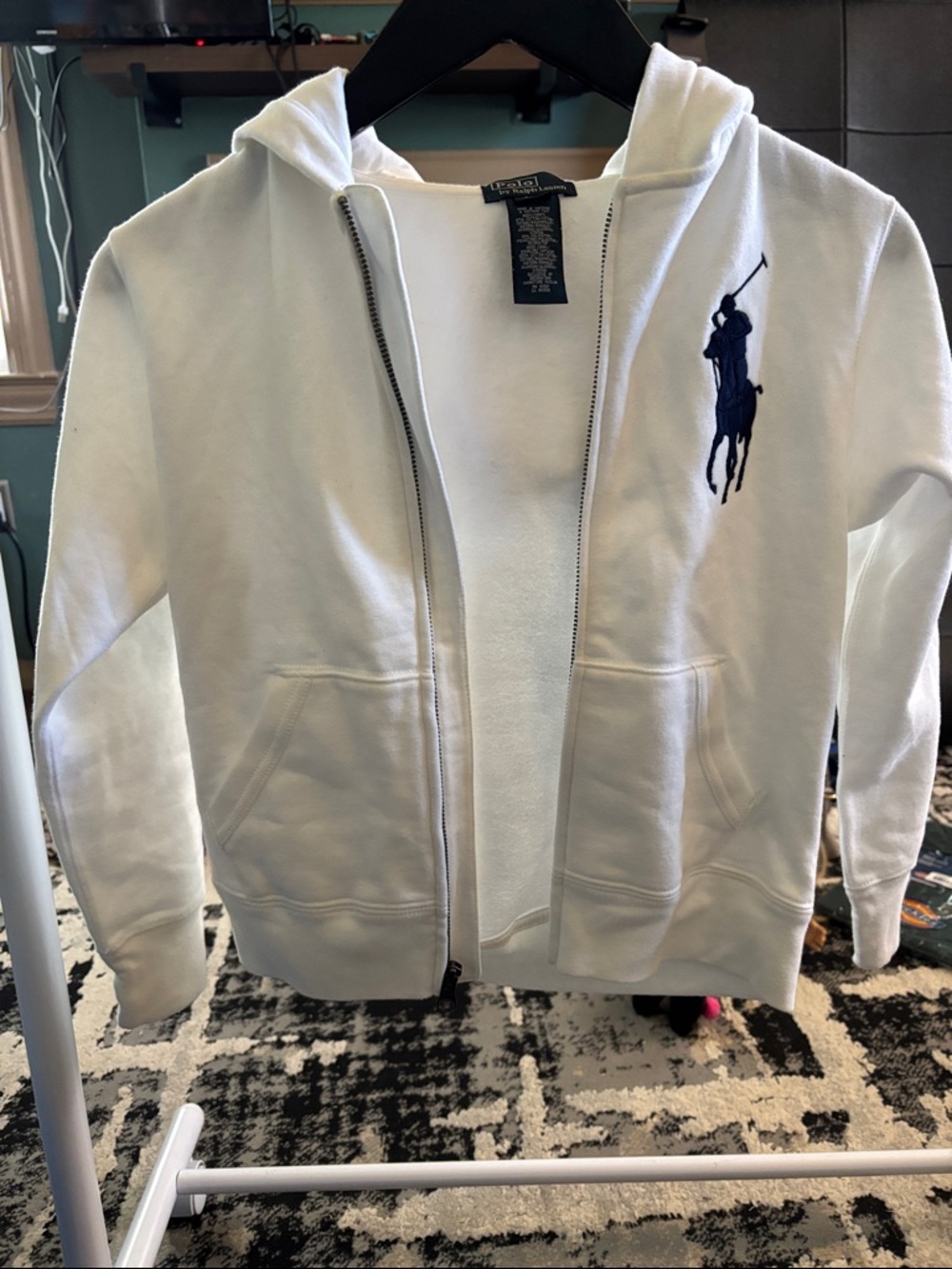 Ralph Lauren White Zip-Up Hoodie with Navy Pony
